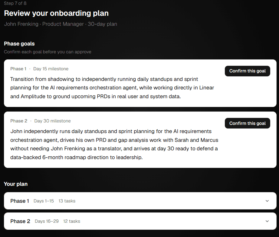 Generated onboarding plan showing phased goals, tasks, and completion criteria