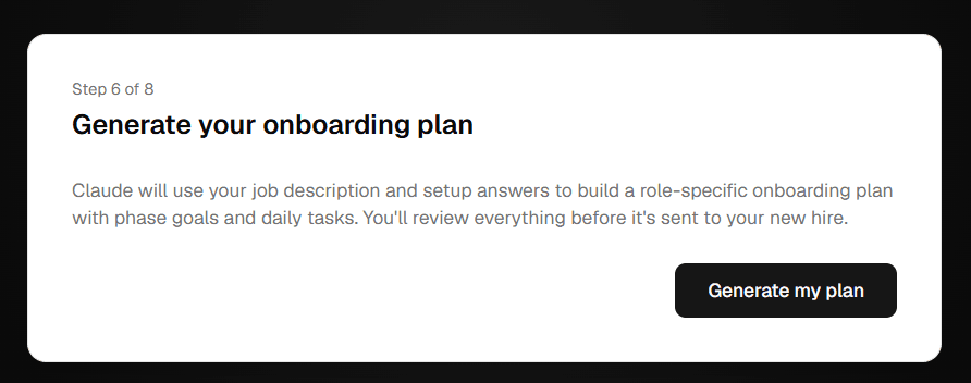 Manager questionnaire generating a role-specific onboarding plan from a job description