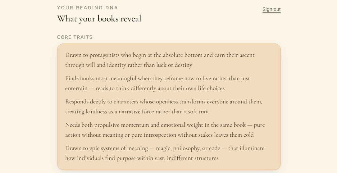 ReadAgain Reader DNA profile built from the reader's own reading memories