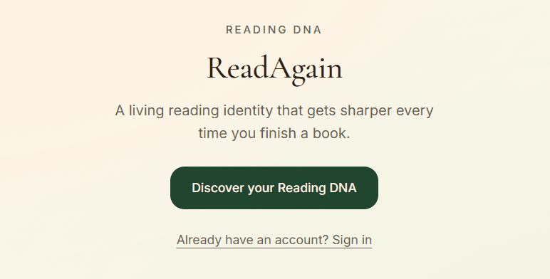 ReadAgain onboarding flow asking the reader to recall a book they truly connected with