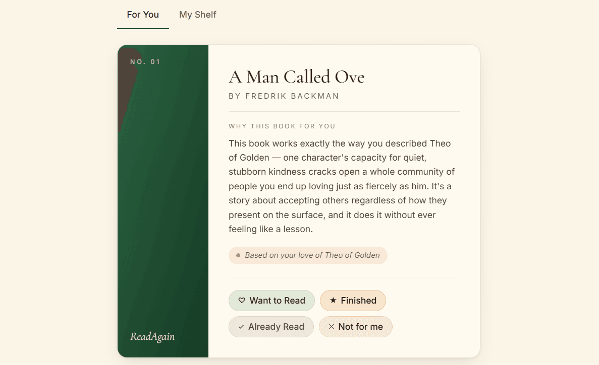 ReadAgain book recommendation explained by tracing it back to the reader's own memory